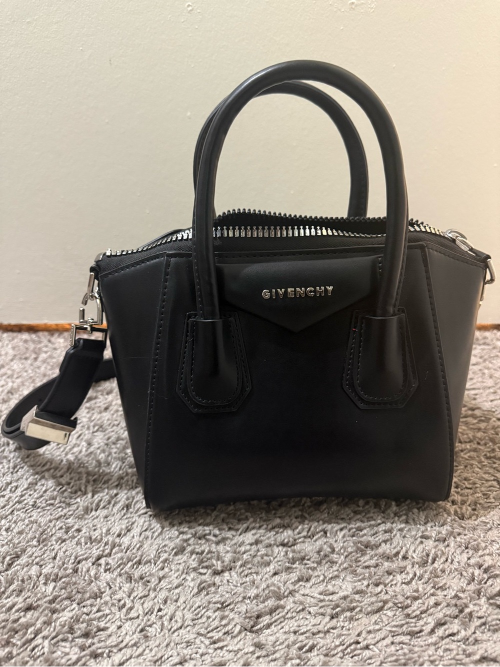 Black Leather Mini Satchel with Removable Strap - Picture 2 of 8
